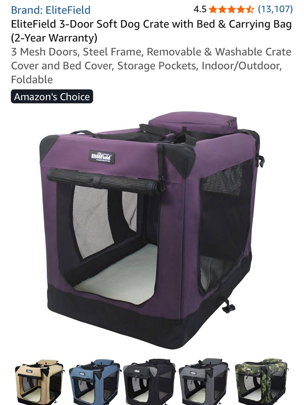 NEW Elitefield 3-door Soft Dog Crate with Bed & Carrying Bag- 42”L x 28”W x 32”H